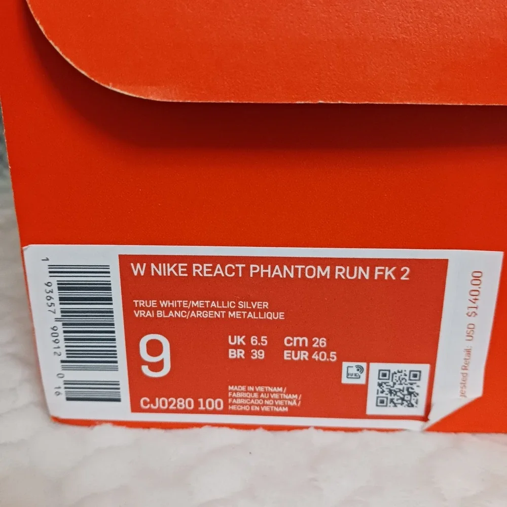 Nike React Phantom Run Flyknit 2 True White Silver Women's Running Shoes Size 9